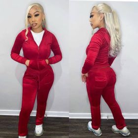 Women Solid Color Sets Velvet Thread Zipper Hood Wear Lounge Wear Suit Sport Set Tops and Pants (size: XXL)
