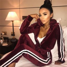 Autumn Winter Women Velvet Tracksuit Long Sleeve Zipper Hooded Tops+Pants Sport Suits Sportswear Two Pieces Set (Color: Burgundy)
