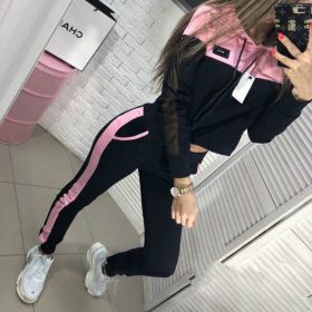 Two-piece autumn and winter women's mesh stitching hooded hoodies + pants sports and leisure suit (Color: Light green)