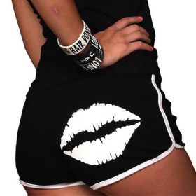 Summer new women's lips print contrast color edging slim sports casual yoga shorts (Color: Black)