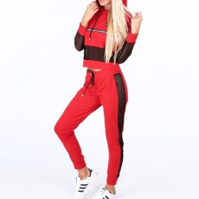 Autumn and Winter Women's Hooded Mesh Yarn Stitching Casual Sports Suit Jacket + Pants Two-piece (Color: pink)