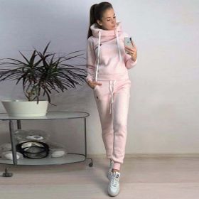 Women's Autumn and Winter New Fleece Fashion Casual Sports Suit Sweater (Color: pink)