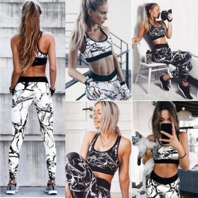 Women's Fashion Summer Sleeveless Slim Print Sports Yoga Set (Color: Black)