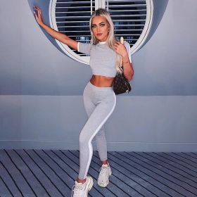 Fashion Casual Sports Suit White Side Slim T-shirt Casual Pants Two-piece (Color: Gray)