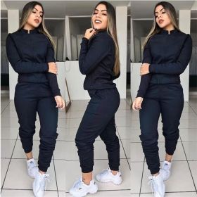 Autumn and Winter New Women's Solid Color Long-sleeved Suit Sports Two-piece Suit (Color: Black)