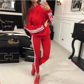 Women's Striped Collage Sports Leisure Suit (Color: Red)