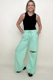 Distressed Knee French Terry Sweats With Pockets - New Colors (Color: Green Mint)
